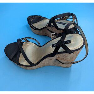 NINE WEST NEW Strappy Black Satin‎ platform wedge heels Ankle wrap